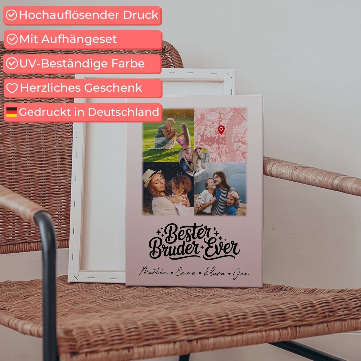 Personalisierte Leinwand Wandbild mit 3 Fotos und Herz Foto Karte Bester Bruder Ever 5