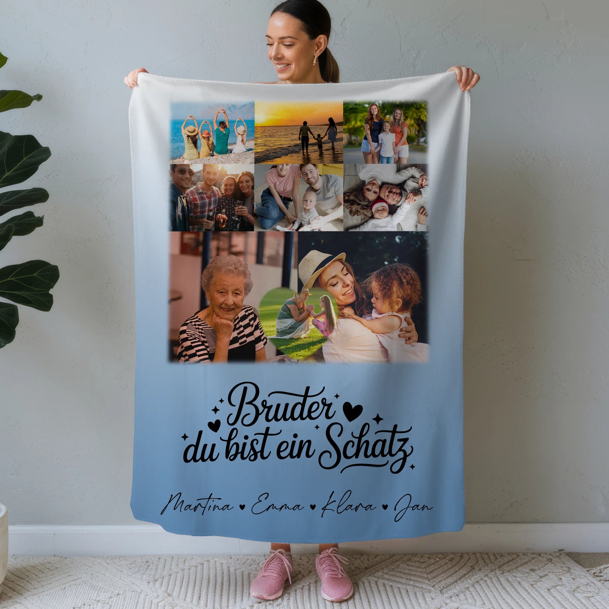 Personalisierte Namensdecke mit 8 Fotos und Herz Foto Bruder du bist mein Schatz Geschenk 1
