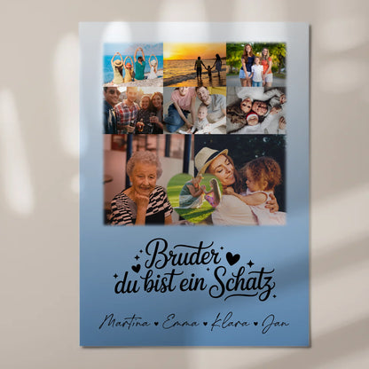 Magnetposter Fotoboard mit 8 Fotos und 1 Herz Foto Bruder du bist mein Schatz personalisiertes Geschenk