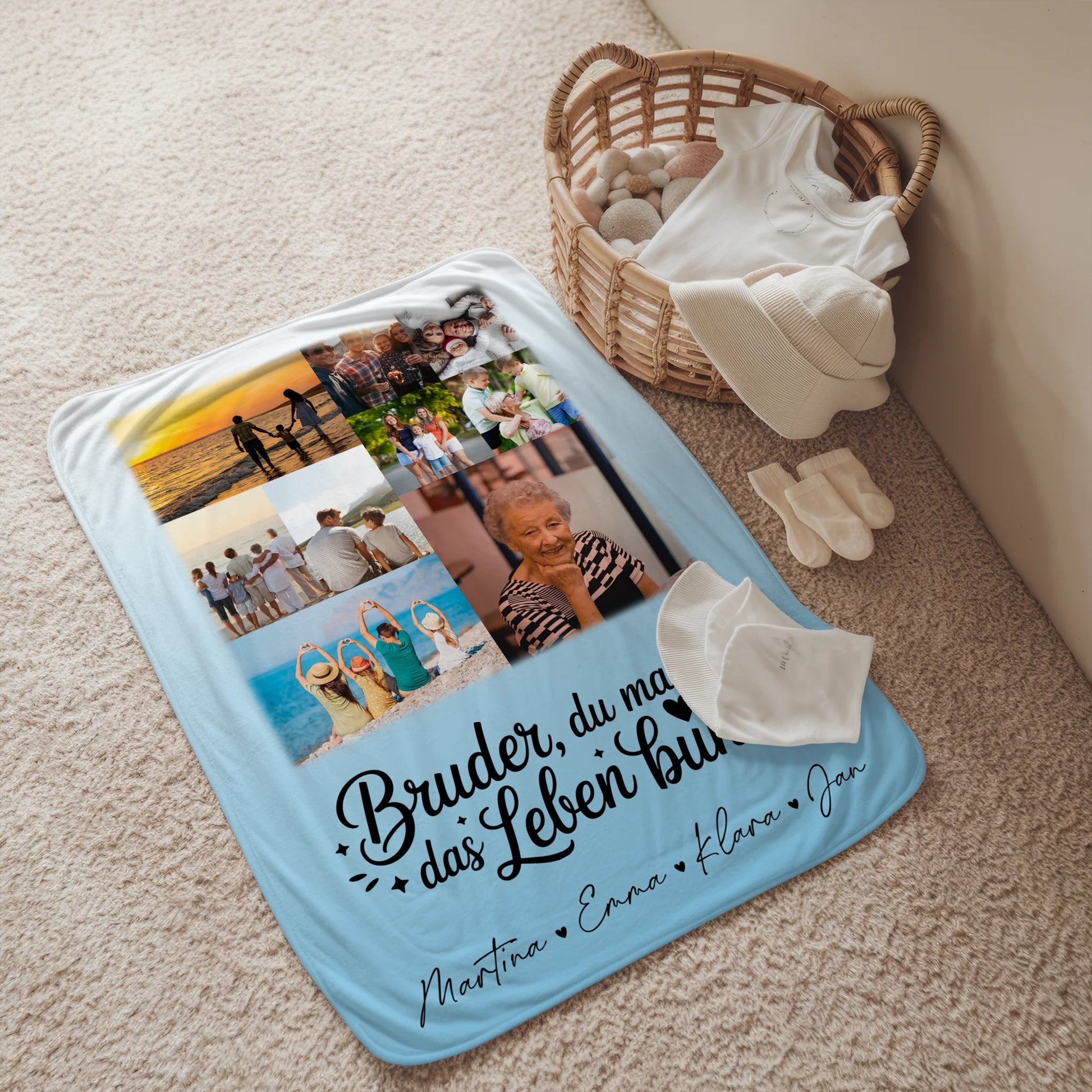 Personalisierte Namensdecke mit 9 Fotos Bruder du machst bunt Geschenk für Geschwister 2