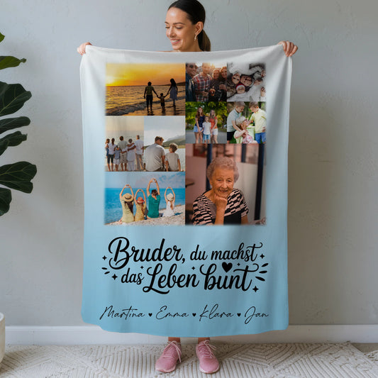 Personalisierte Namensdecke mit 9 Fotos Bruder du machst bunt Geschenk für Geschwister 1