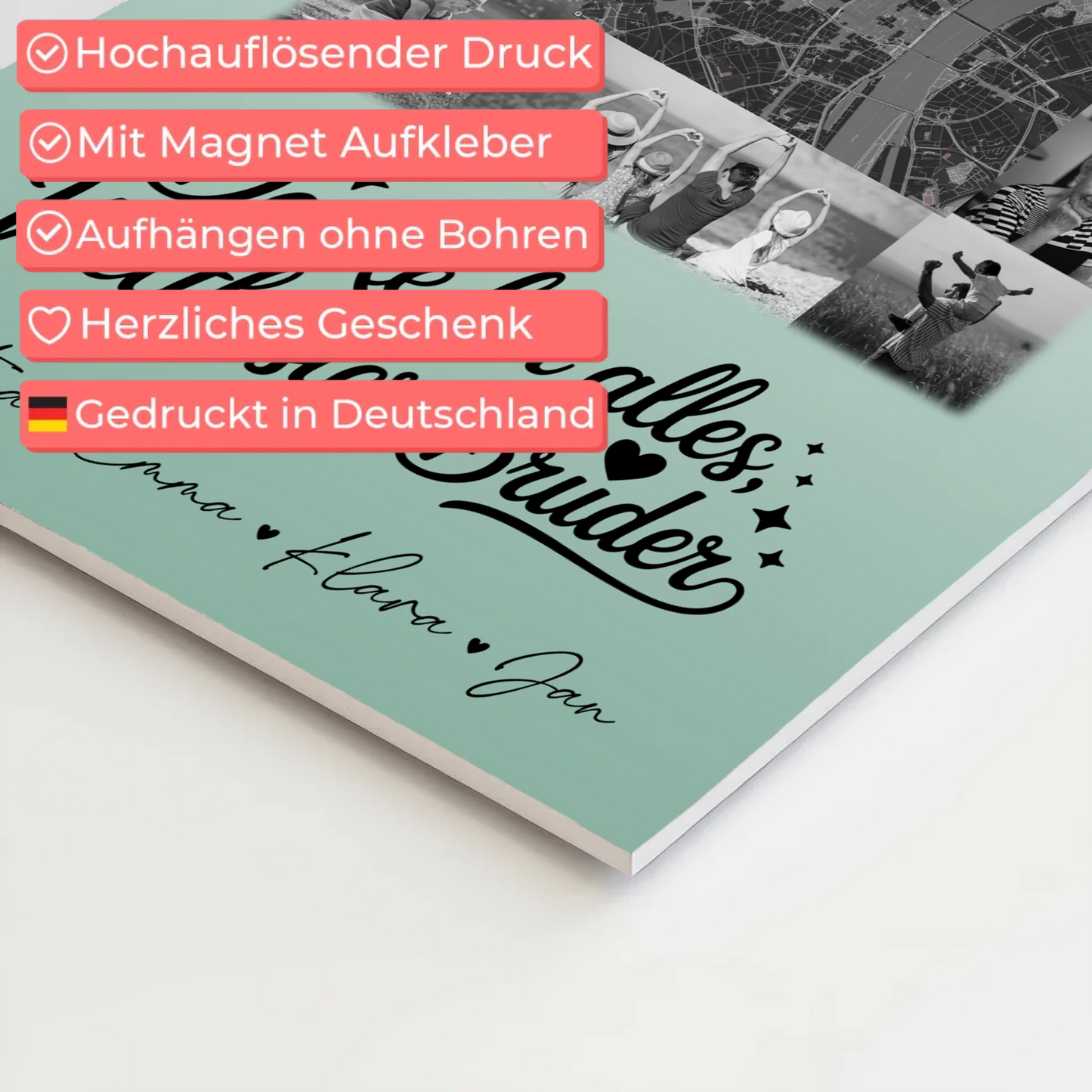 Personalisierte Fotoboard Magnet Poster mit 10 Fotos und Karte in der Mitte Beste Nichte Danke für alles Schwarz-Weiß 10