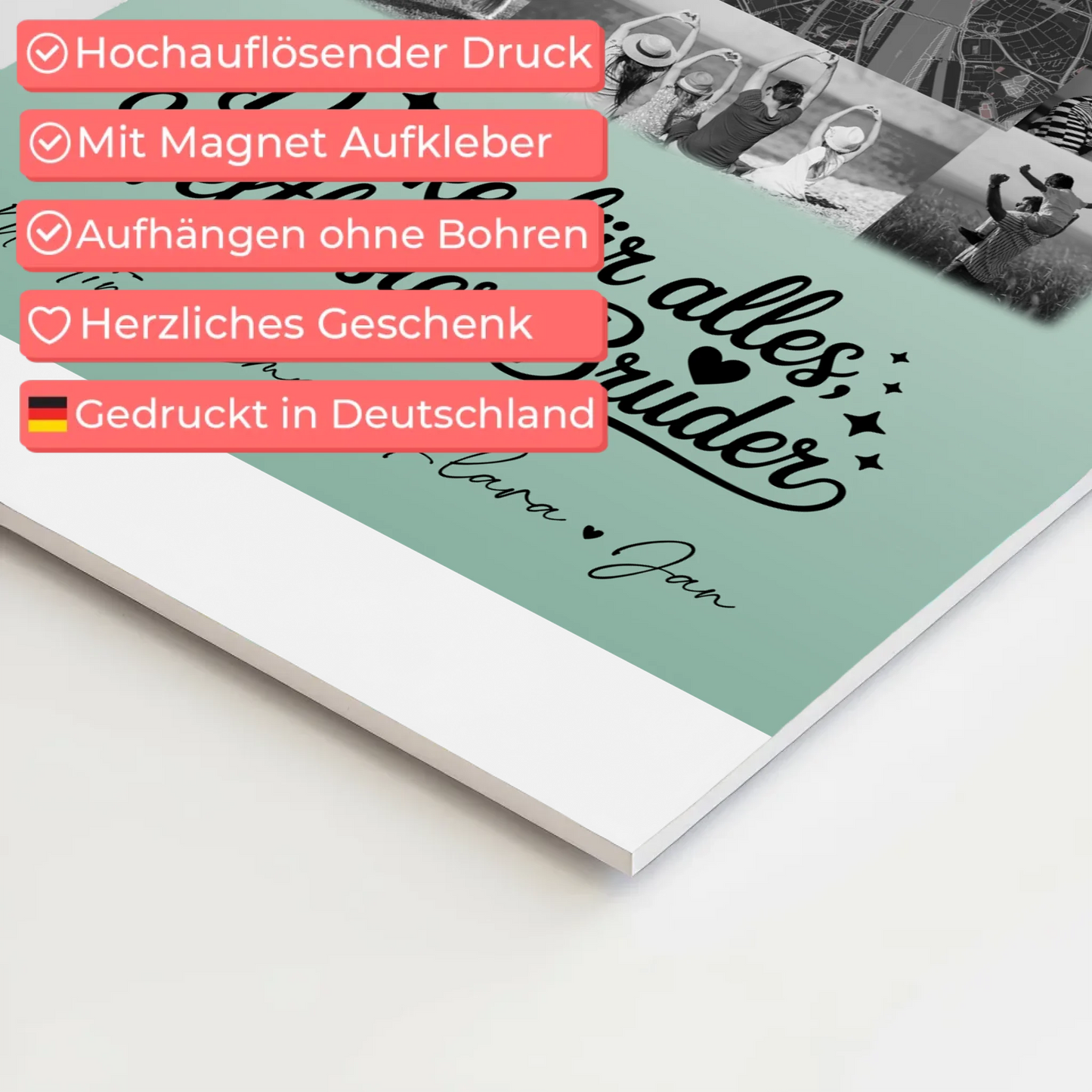 Personalisierte Fotoboard Magnet Poster mit 10 Fotos und Karte in der Mitte Beste Nichte Danke für alles Schwarz-Weiß