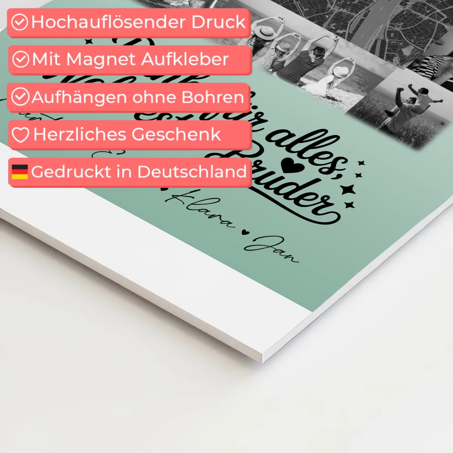 Personalisierte Fotoboard Magnet Poster mit 10 Fotos und Karte in der Mitte Beste Nichte Danke für alles Schwarz-Weiß