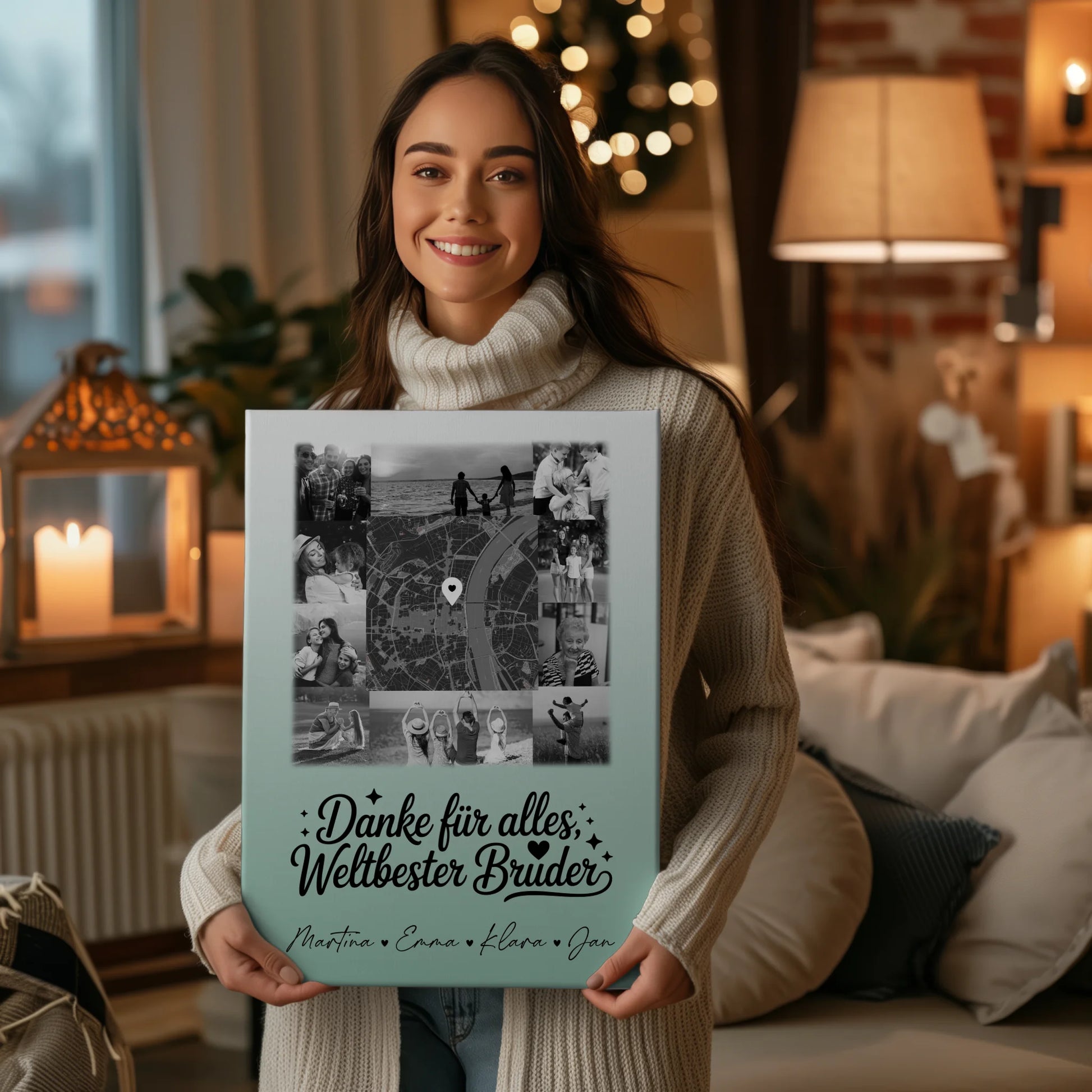 Wandbild Fotocollage mit 10 Fotos und Karte in der Mitte für die beste Nichte Schwarz-Weiß personalisiertes Geschenk 2