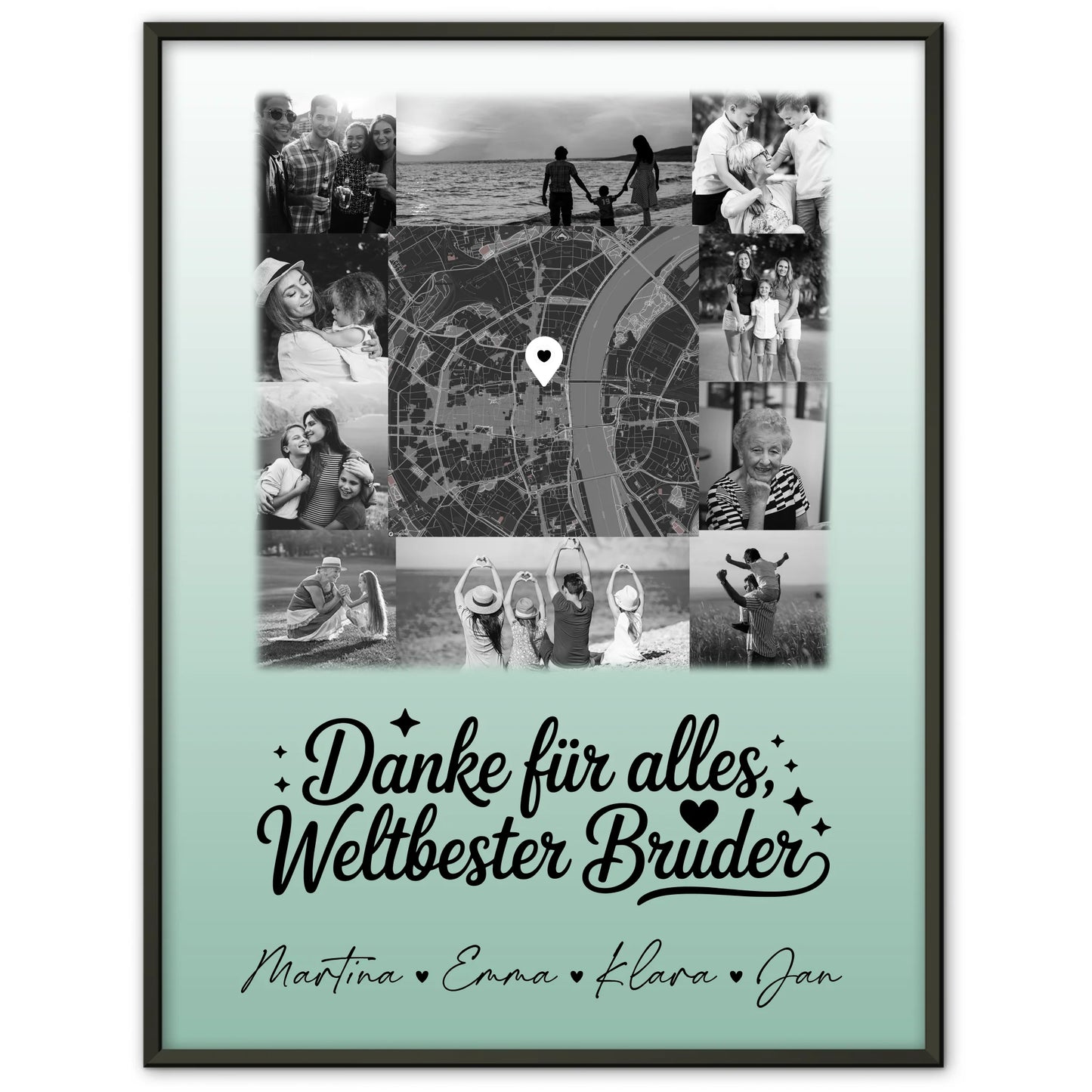 Personalisierte Karten-Poster mit 10 Fotos & Karte - Danke Nichte Schwarz-Weiß