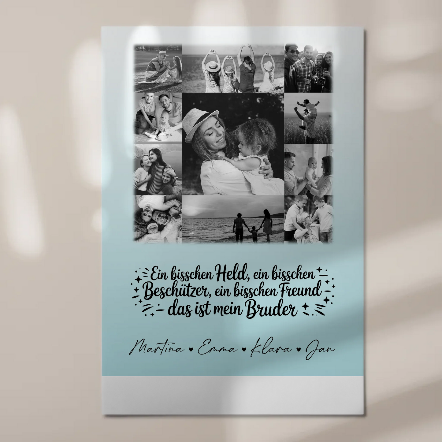 Personalisierbares Fotoboard Magnet Wandbild mit 11 Fotos Held Beschützer Freund mein Bruder Schwarz-Weiß