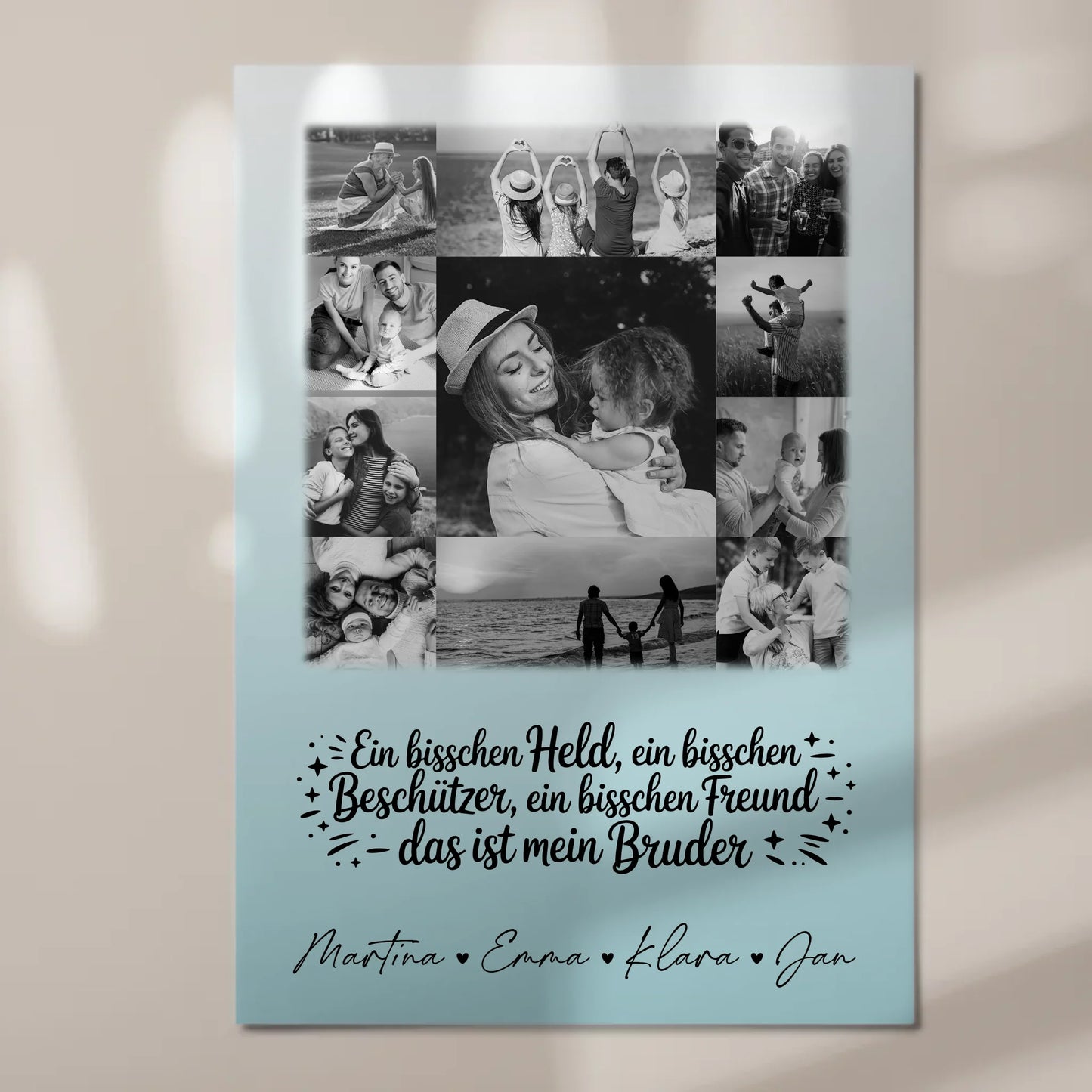 Personalisierbares Fotoboard Magnet Wandbild mit 11 Fotos Held Beschützer Freund mein Bruder Schwarz-Weiß