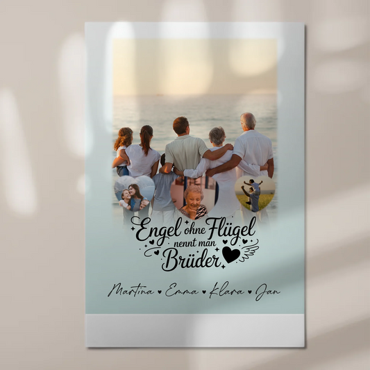 Personalisierte Fotoboard Magnet Wandbild mit 1 Foto und 3 Herzfotos Bruder ist ein Engel 1