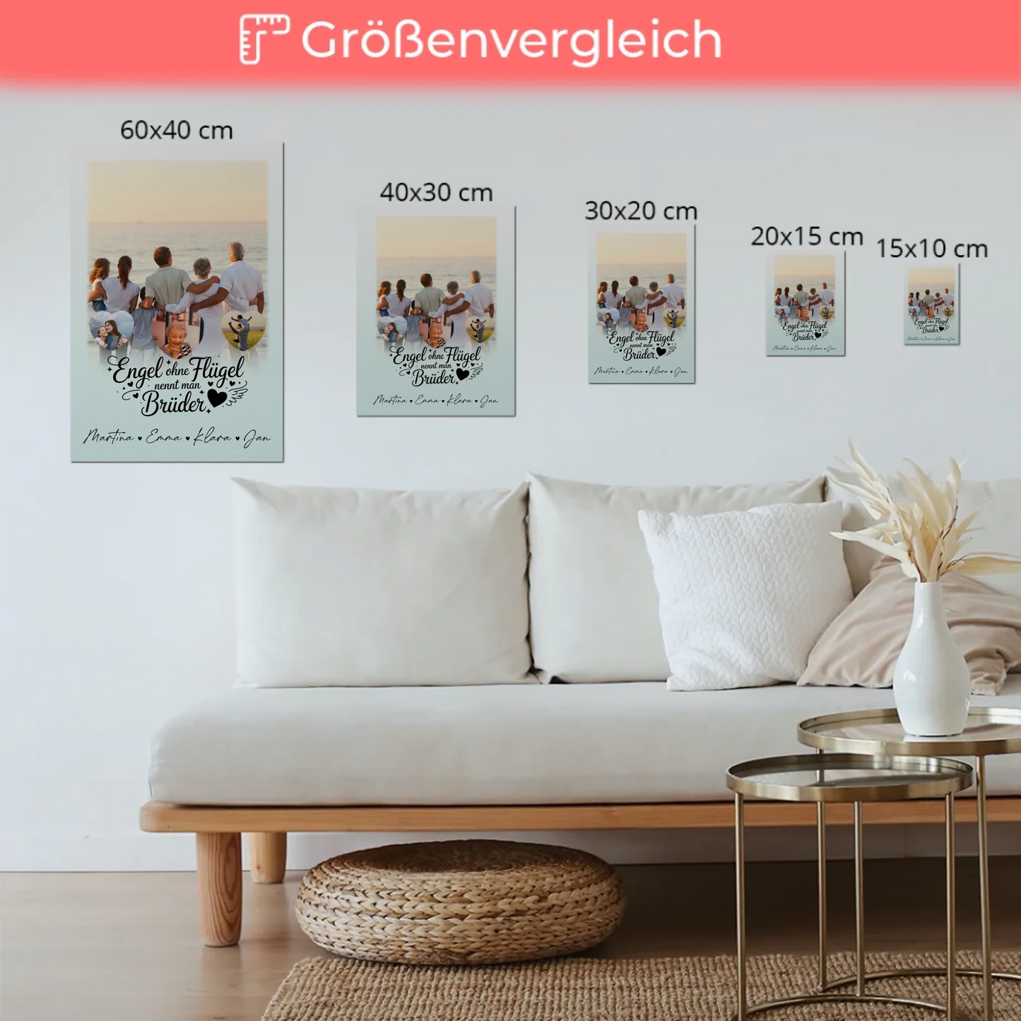 Personalisierte Fotoboard Magnet Wandbild mit 1 Foto und 3 Herzfotos Bruder ist ein Engel