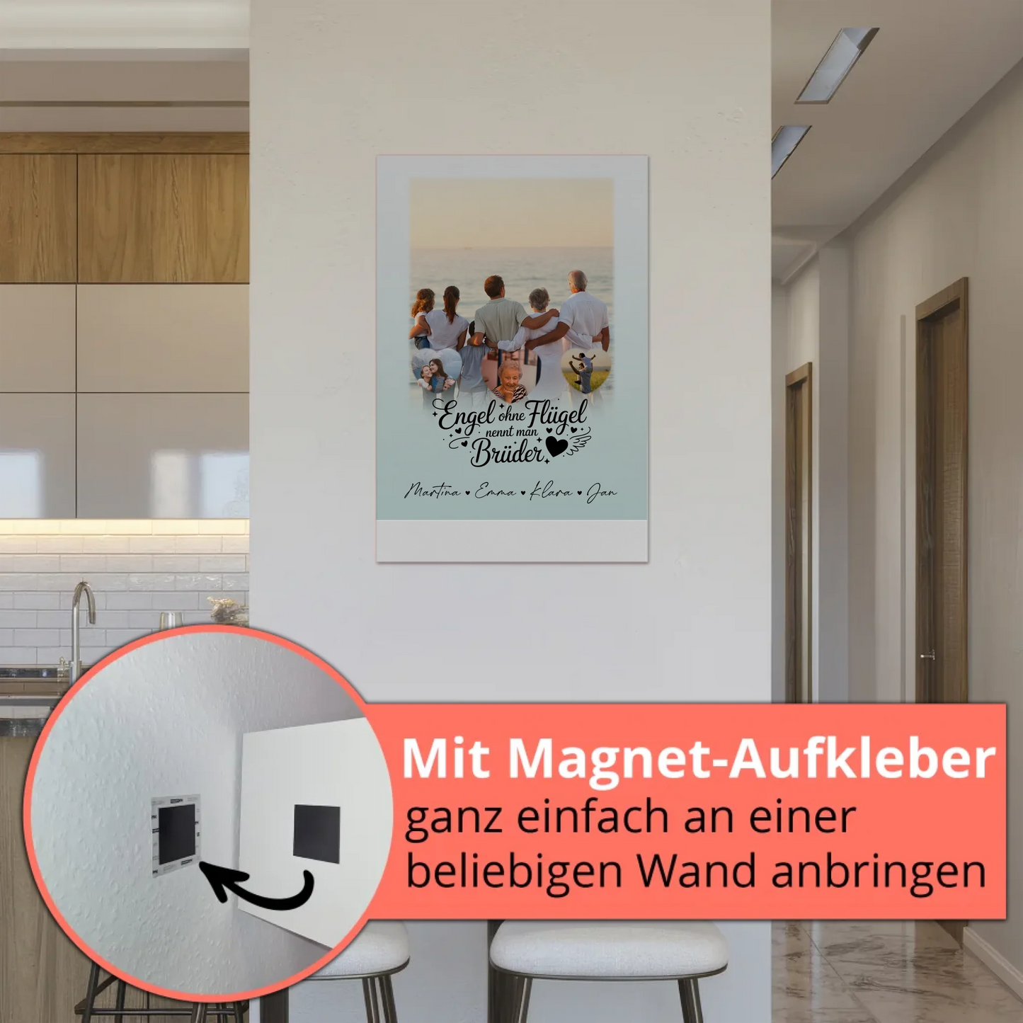 Personalisierte Fotoboard Magnet Wandbild mit 1 Foto und 3 Herzfotos Bruder ist ein Engel