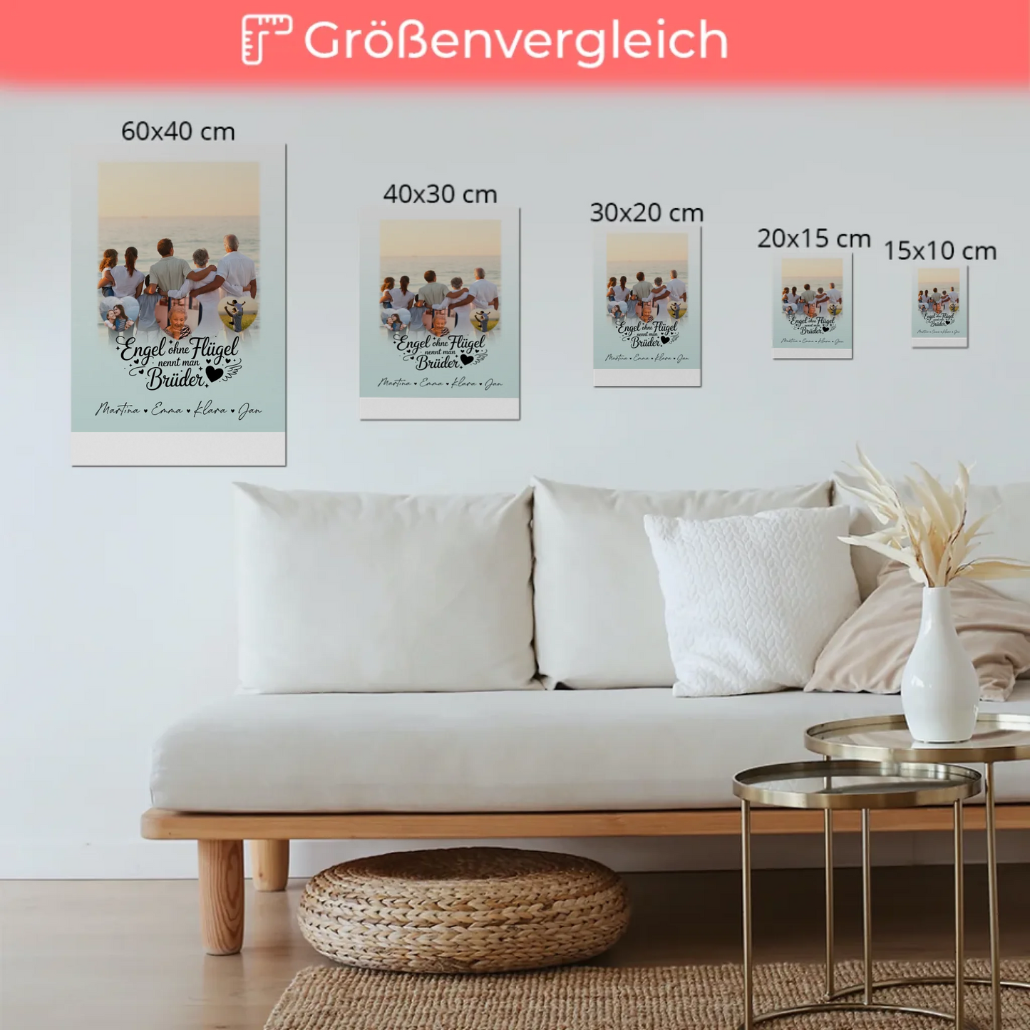 Personalisierte Fotoboard Magnet Wandbild mit 1 Foto und 3 Herzfotos Bruder ist ein Engel