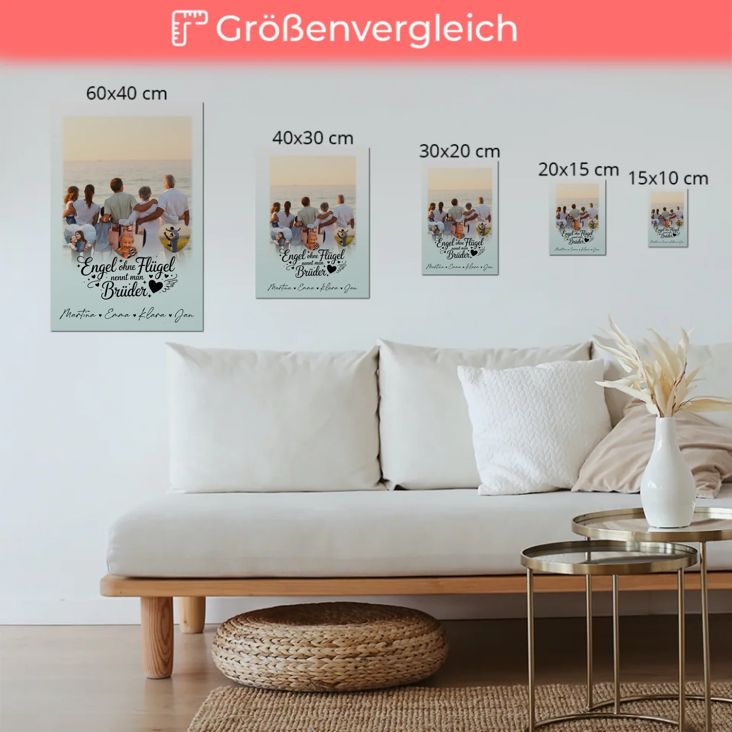 Personalisierte Fotoboard Magnet Wandbild mit 1 Foto und 3 Herzfotos Bruder ist ein Engel
