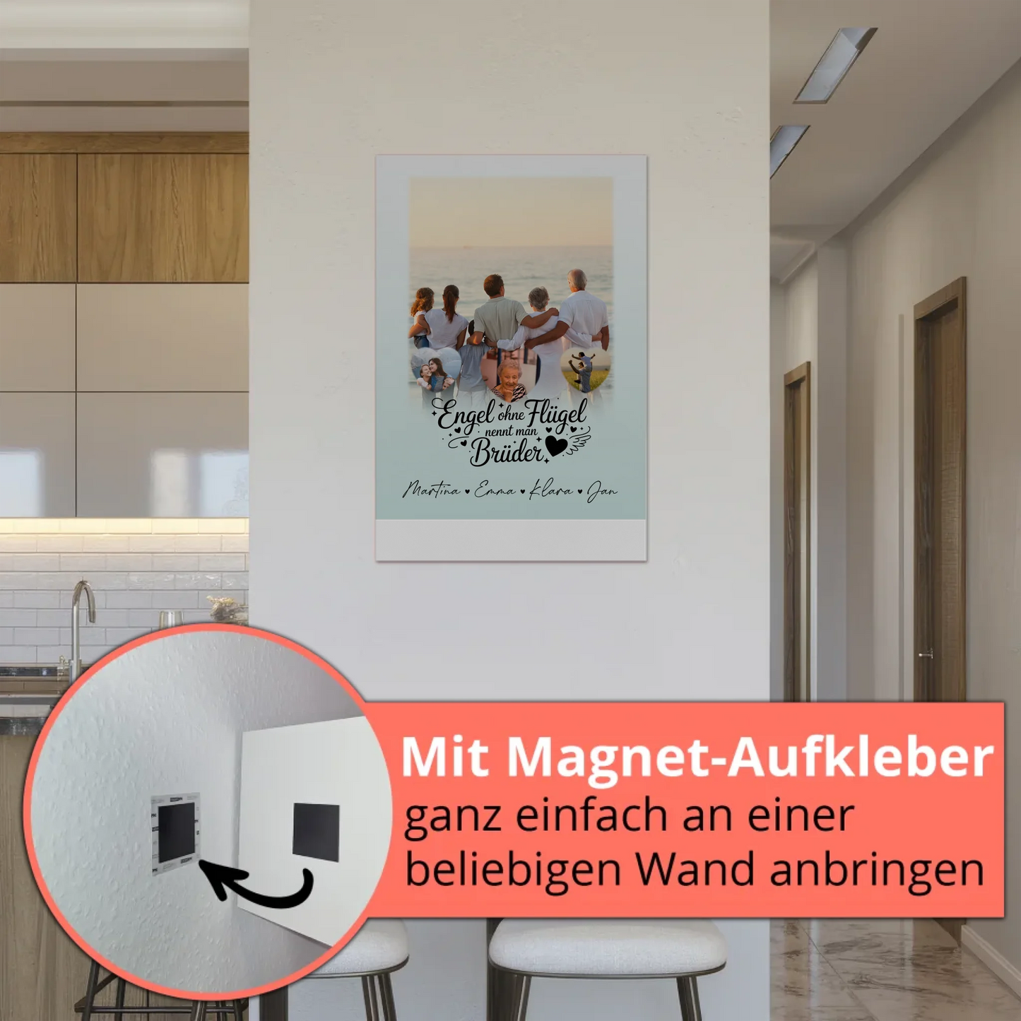 Personalisierte Fotoboard Magnet Wandbild mit 1 Foto und 3 Herzfotos Bruder ist ein Engel