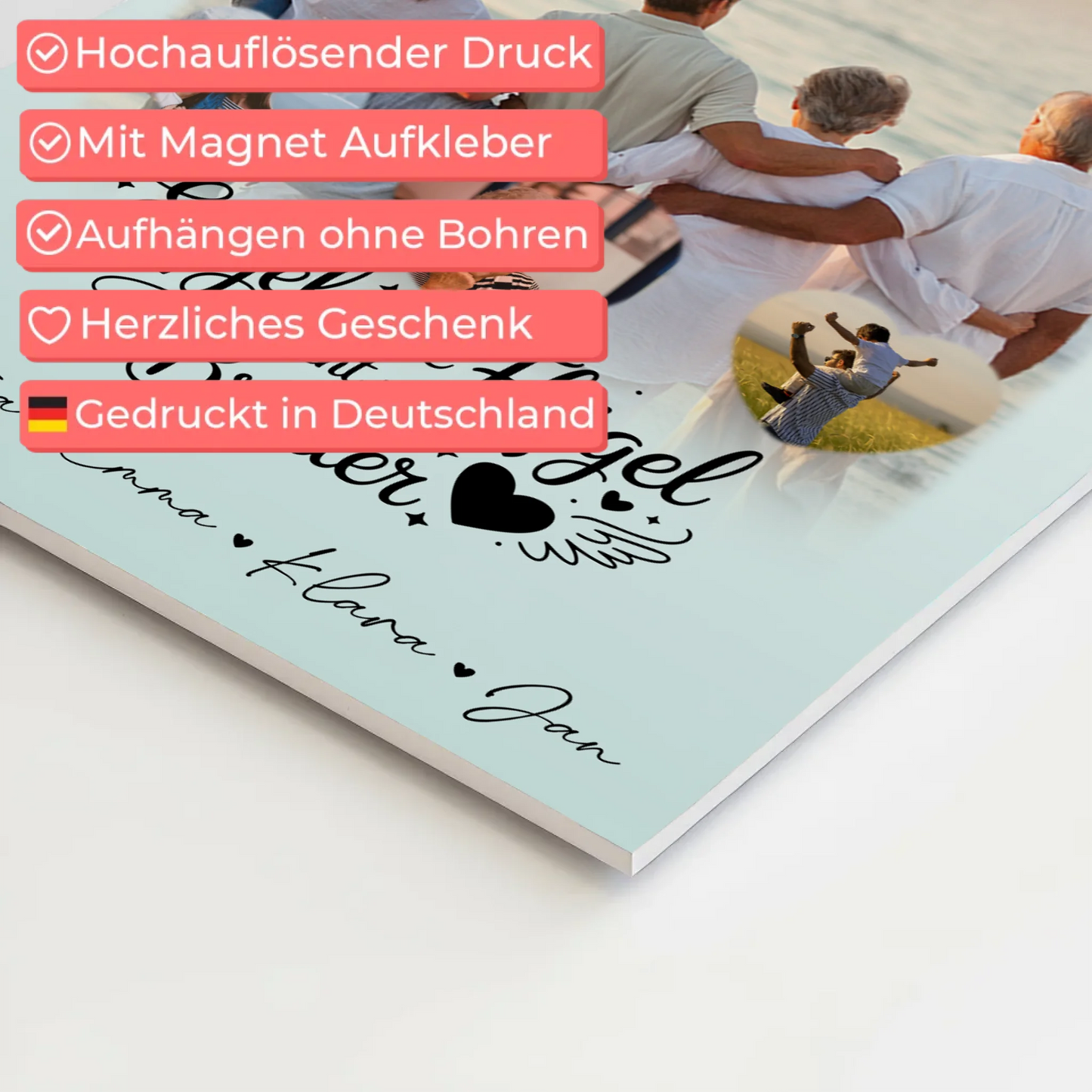Personalisierte Fotoboard Magnet Wandbild mit 1 Foto und 3 Herzfotos Bruder ist ein Engel