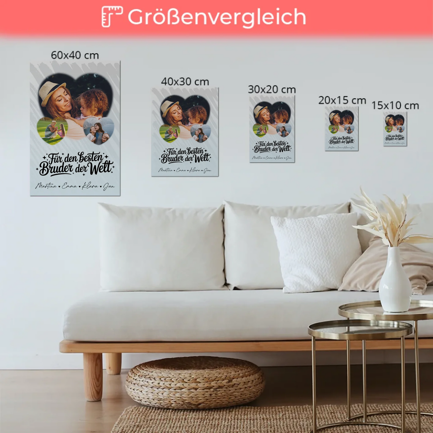 Magnetposter Fotoboard mit 3 Herz Fotos Für den besten Bruder der Welt personalisiertes Geschenk