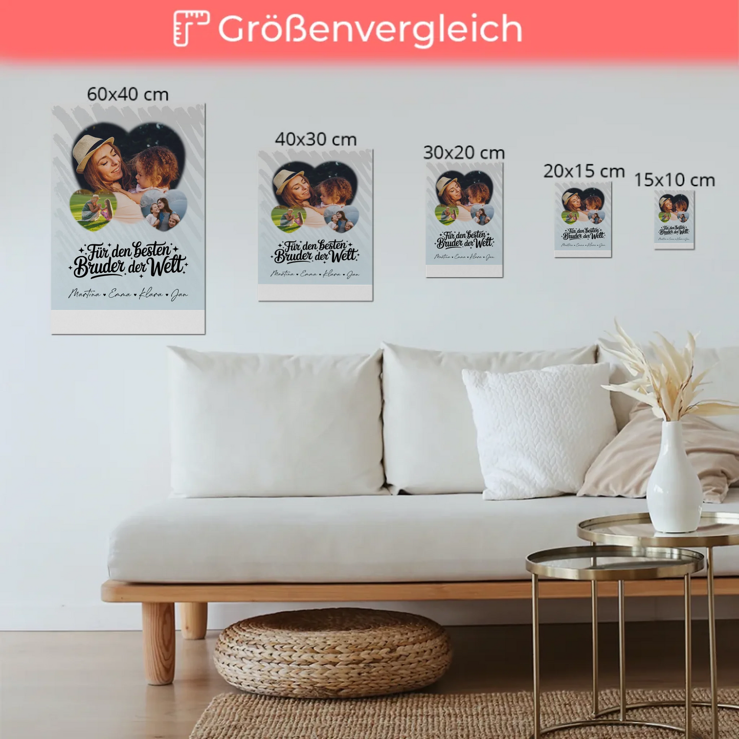 Magnetposter Fotoboard mit 3 Herz Fotos Für den besten Bruder der Welt personalisiertes Geschenk