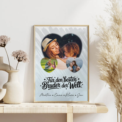 Bruder Poster Personalisiert mit 3 Herz Fotos Für den besten Bruder der Welt Geschenkidee