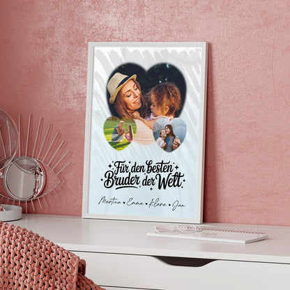Bruder Poster Personalisiert mit 3 Herz Fotos Für den besten Bruder der Welt Geschenkidee