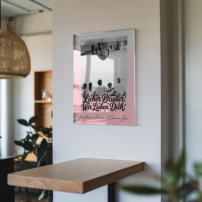 Personalisierte Acrylglas-Foto mit 3 Bildern und Herzmotiv für Bruder - Schwarz-Weiß