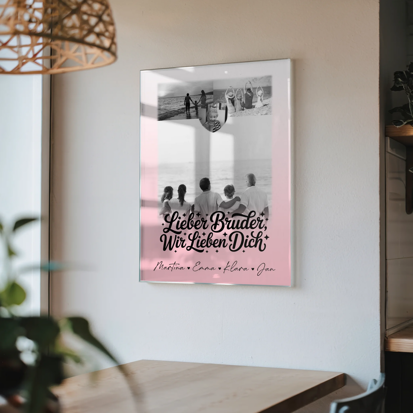 Personalisierte Acrylglas-Foto mit 3 Bildern und Herzmotiv für Bruder - Schwarz-Weiß