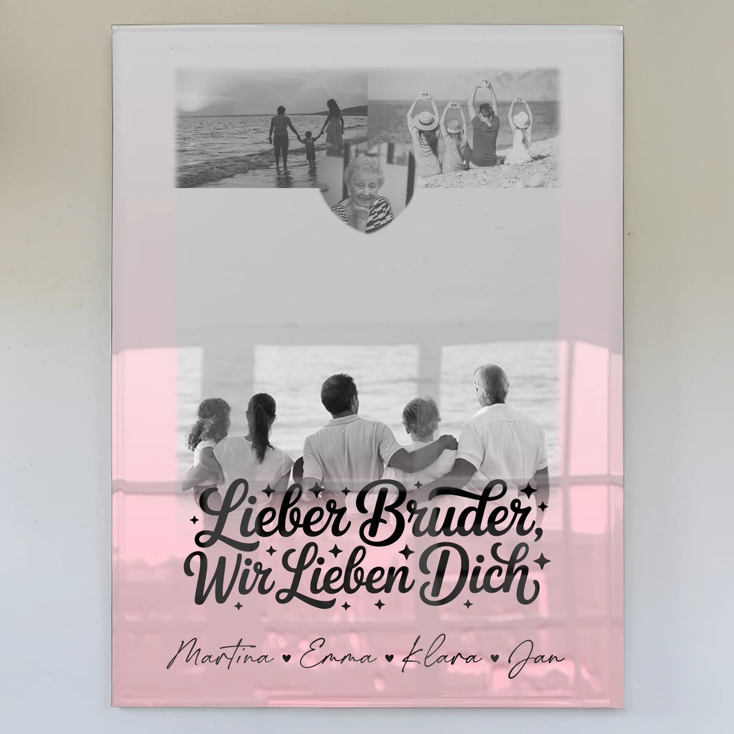 Personalisierte Acrylglas-Foto mit 3 Bildern und Herzmotiv für Bruder - Schwarz-Weiß