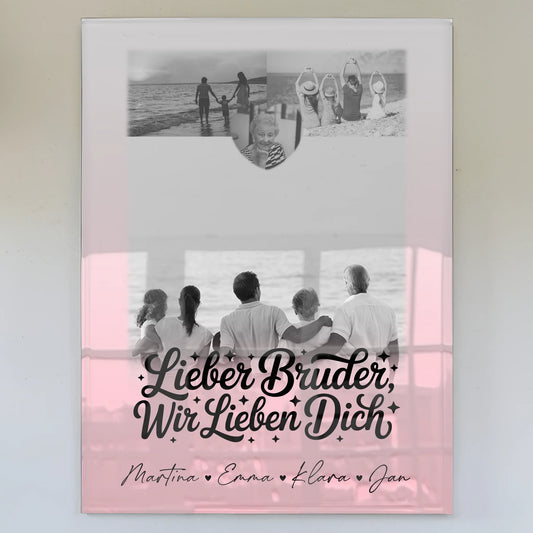 Personalisierte Acrylglas-Foto mit 3 Bildern und Herzmotiv für Bruder - Schwarz-Weiß