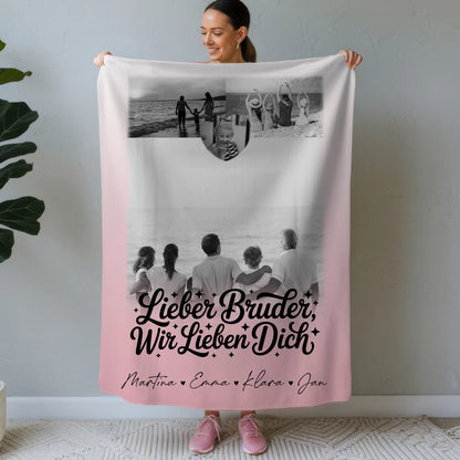 Personalisierte Decke Mit Namen 3 Fotos und Herz Foto für Bruder Schwarz-Weiß 1
