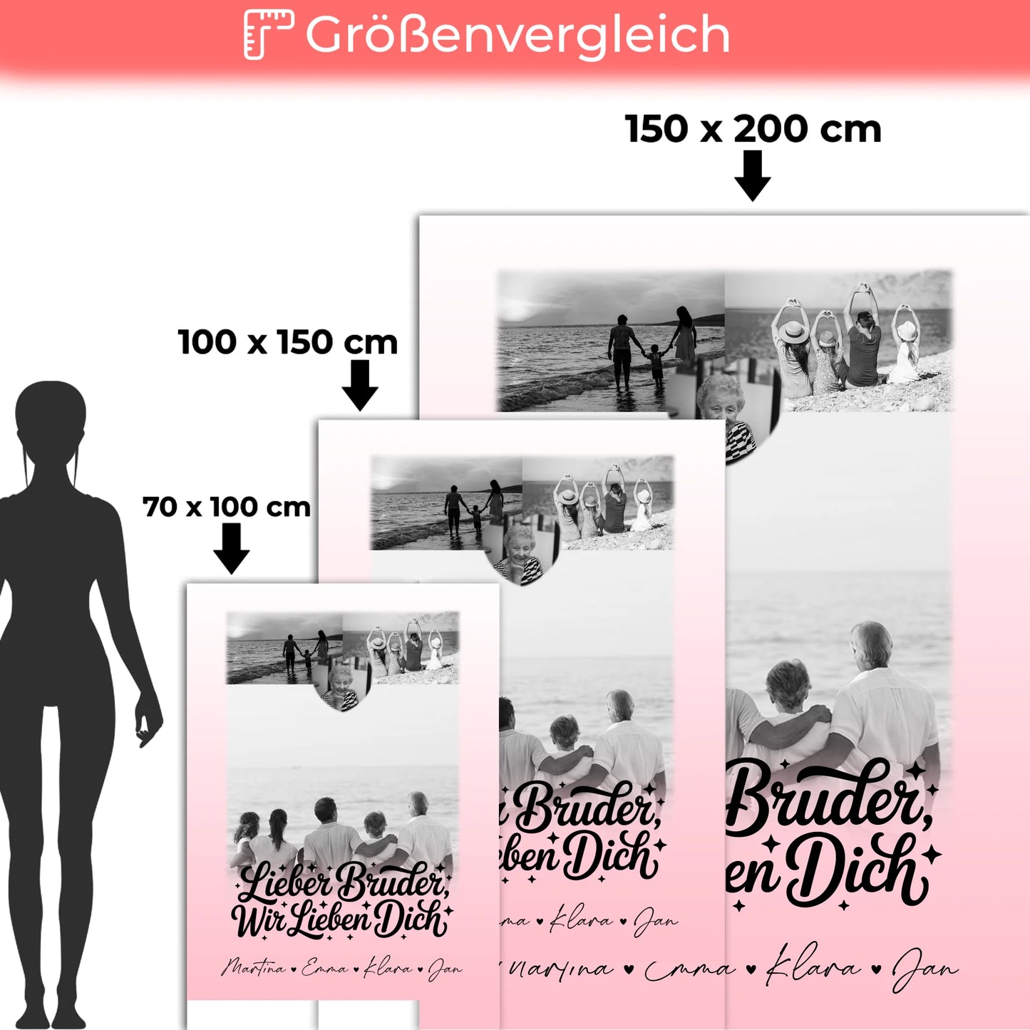 Personalisierte Decke Mit Namen 3 Fotos und Herz Foto für Bruder Schwarz-Weiß 5