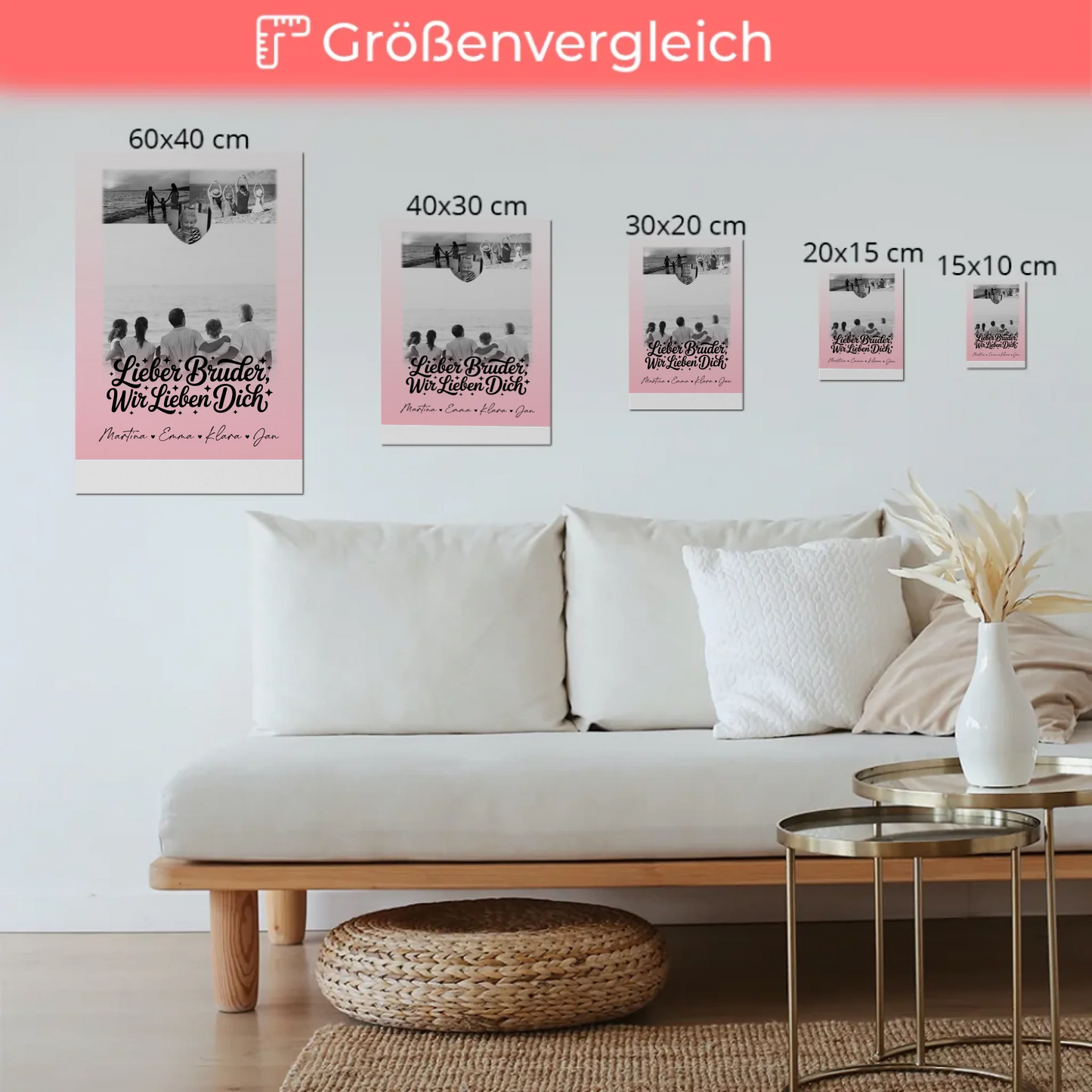 Personalisierter Fotoboard Magnet Poster mit 3 Fotos und Herzmotiv für Bruder Schwarz-Weiß 6