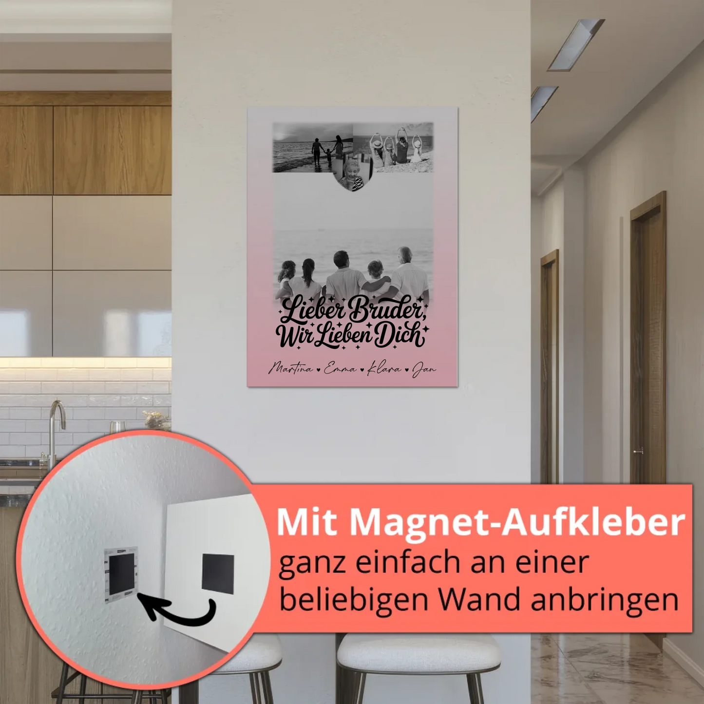 Personalisierter Fotoboard Magnet Poster mit 3 Fotos und Herzmotiv für Bruder Schwarz-Weiß