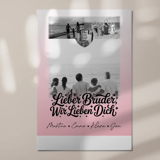 Personalisierter Fotoboard Magnet Poster mit 3 Fotos und Herzmotiv für Bruder Schwarz-Weiß 1