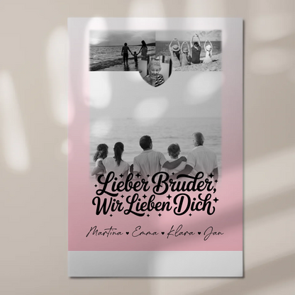 Personalisierter Fotoboard Magnet Poster mit 3 Fotos und Herzmotiv für Bruder Schwarz-Weiß