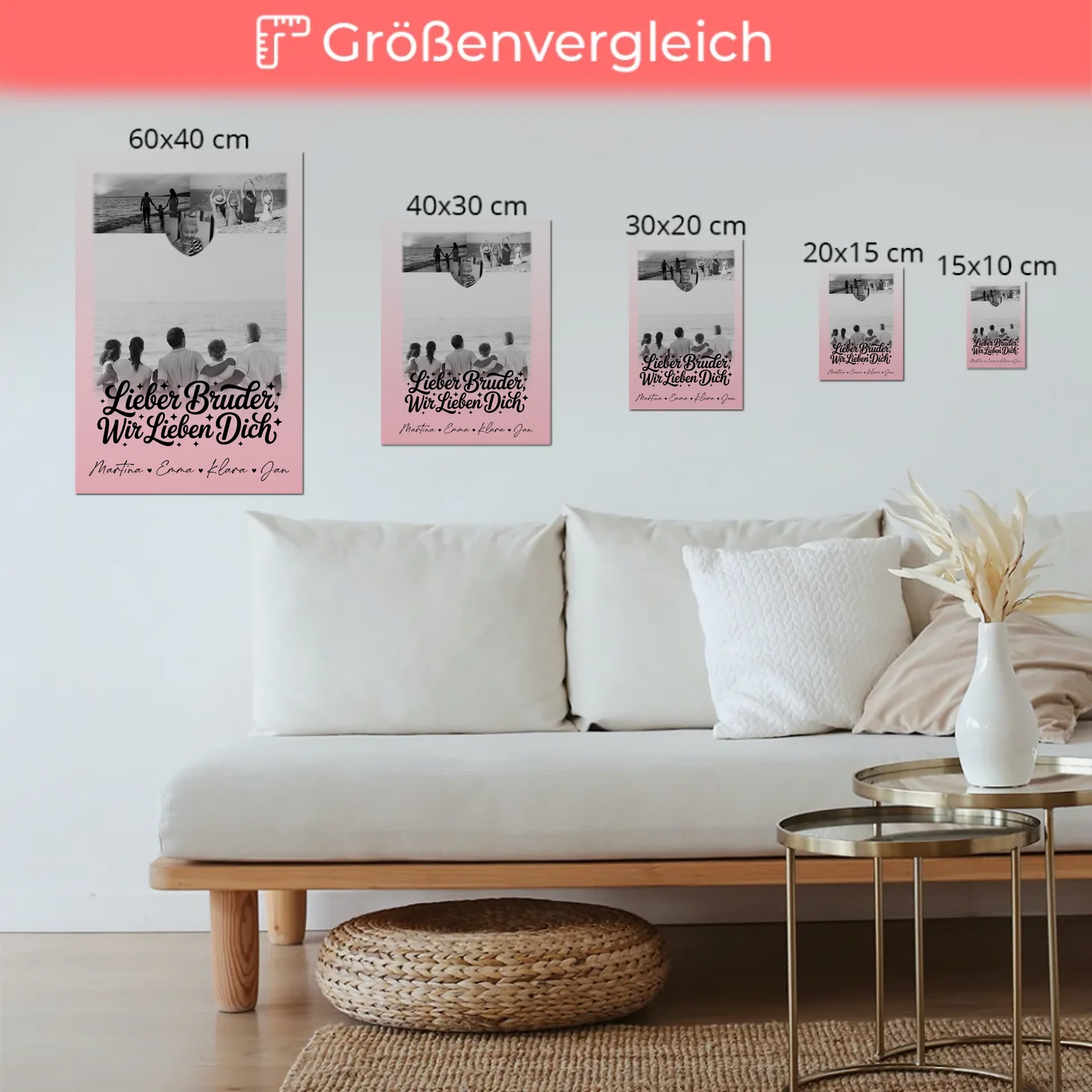 Personalisierter Fotoboard Magnet Poster mit 3 Fotos und Herzmotiv für Bruder Schwarz-Weiß