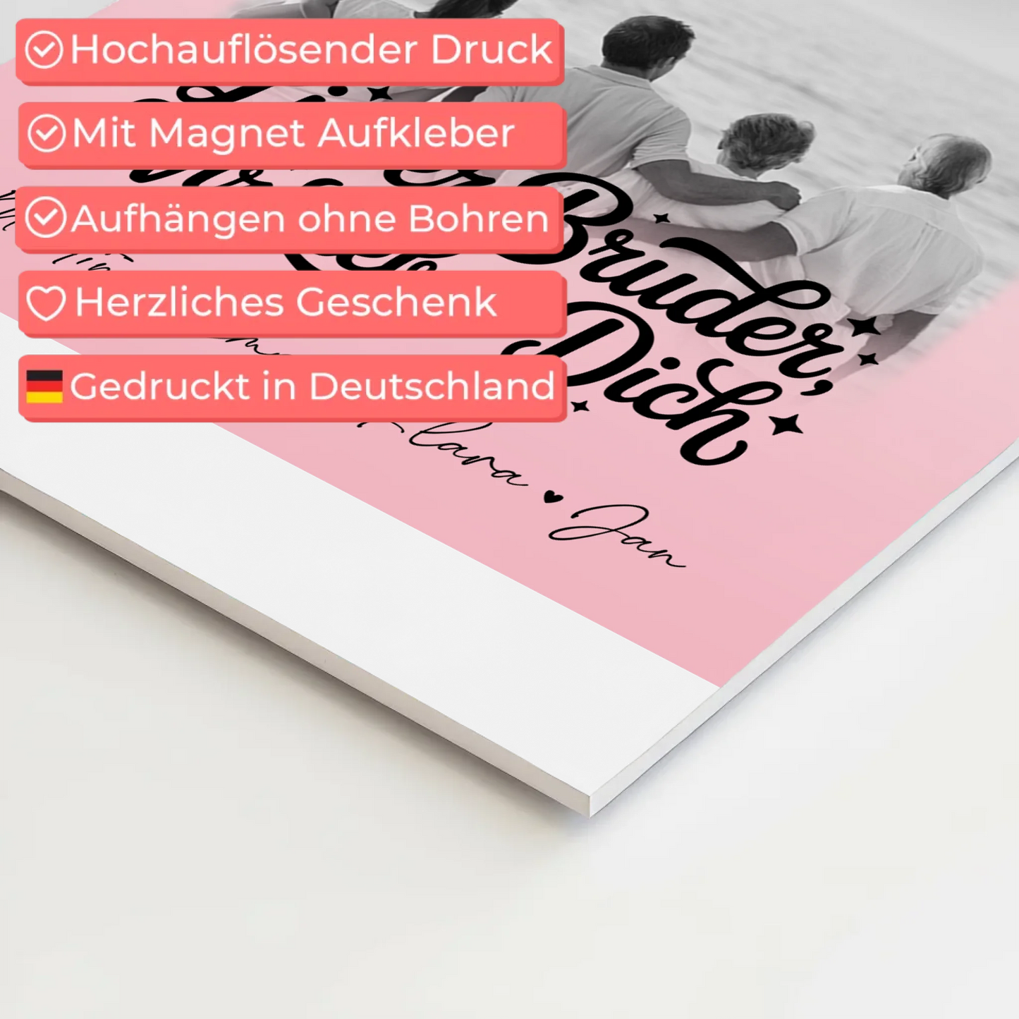 Personalisierter Fotoboard Magnet Poster mit 3 Fotos und Herzmotiv für Bruder Schwarz-Weiß