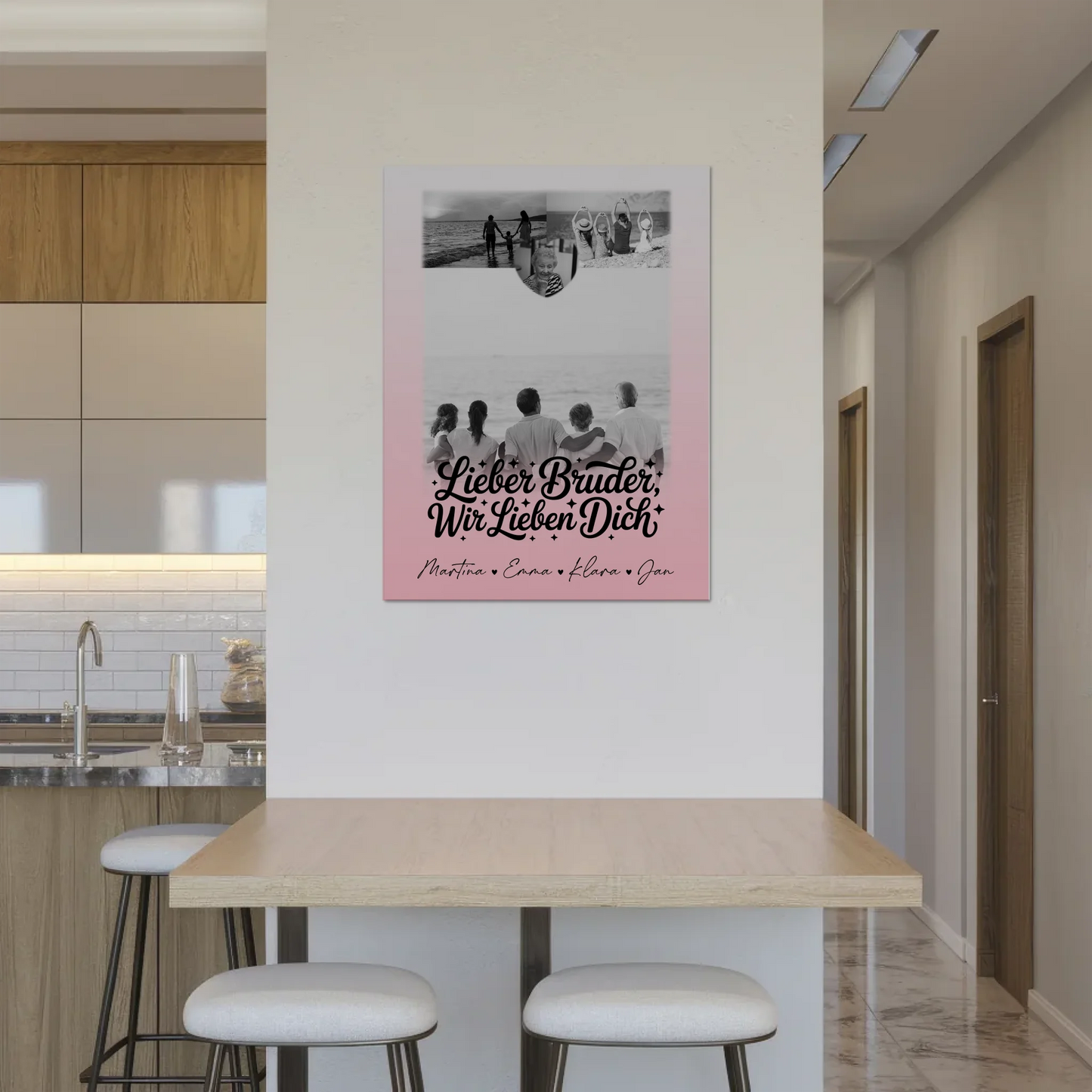 Personalisierter Fotoboard Magnet Poster mit 3 Fotos und Herzmotiv für Bruder Schwarz-Weiß