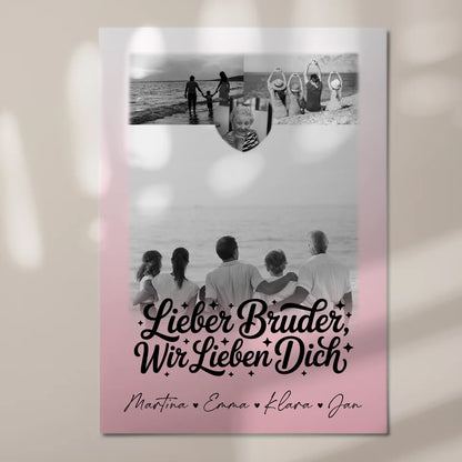 Personalisierter Fotoboard Magnet Poster mit 3 Fotos und Herzmotiv für Bruder Schwarz-Weiß