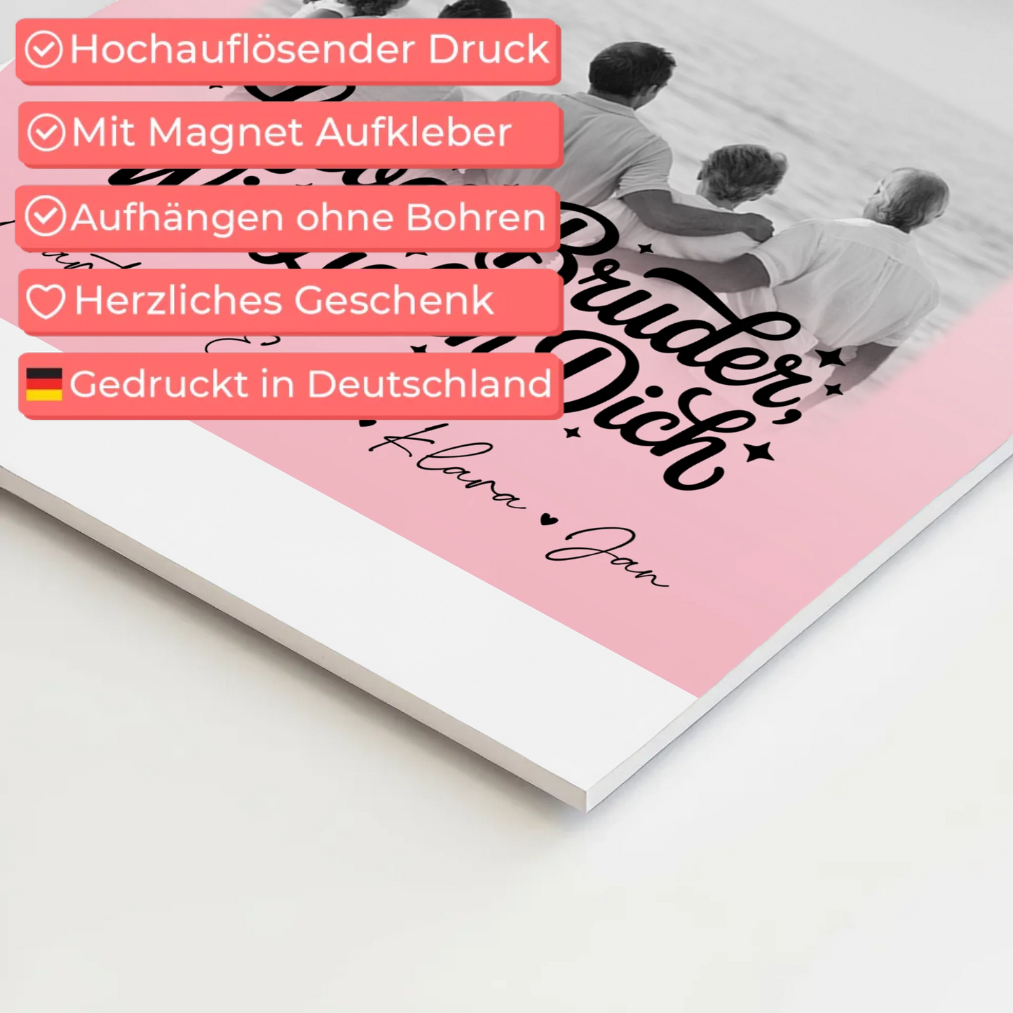 Personalisierter Fotoboard Magnet Poster mit 3 Fotos und Herzmotiv für Bruder Schwarz-Weiß