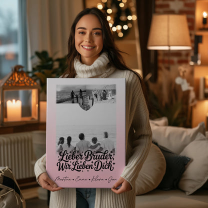 Leinwand Personalisiert mit 3 Fotos und Herz Motiv für Bruder Schwarz-Weiß 2