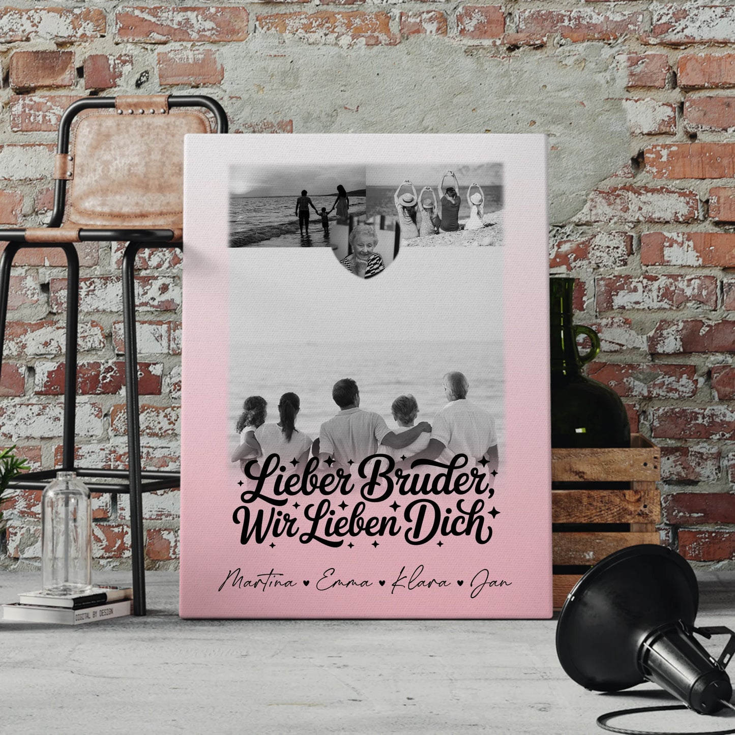 Leinwand Personalisiert mit 3 Fotos und Herz Motiv für Bruder Schwarz-Weiß 4