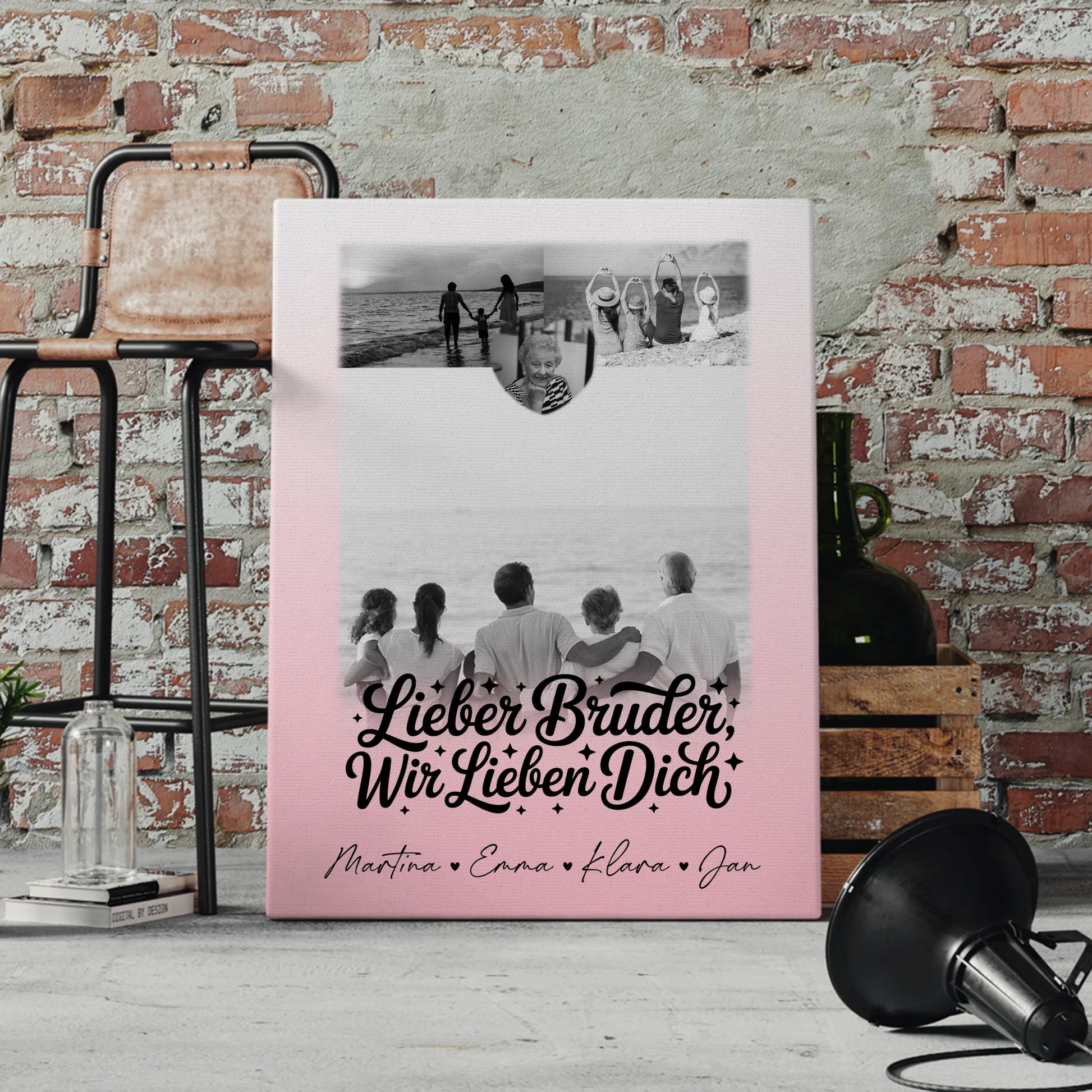 Leinwand Personalisiert mit 3 Fotos und Herz Motiv für Bruder Schwarz-Weiß 4