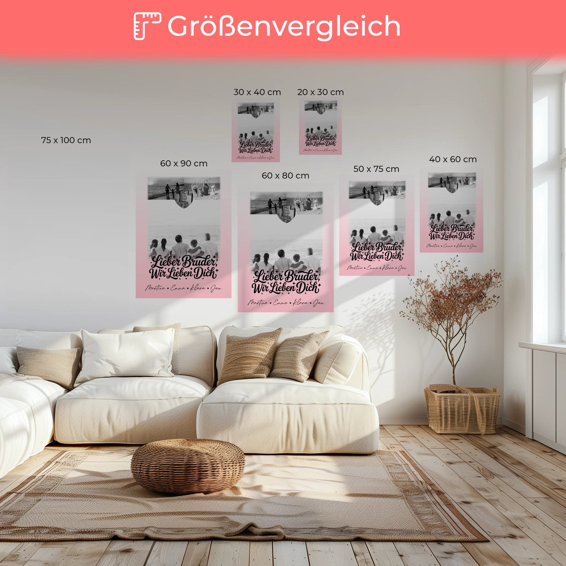 Leinwand Personalisiert mit 3 Fotos und Herz Motiv für Bruder Schwarz-Weiß 6