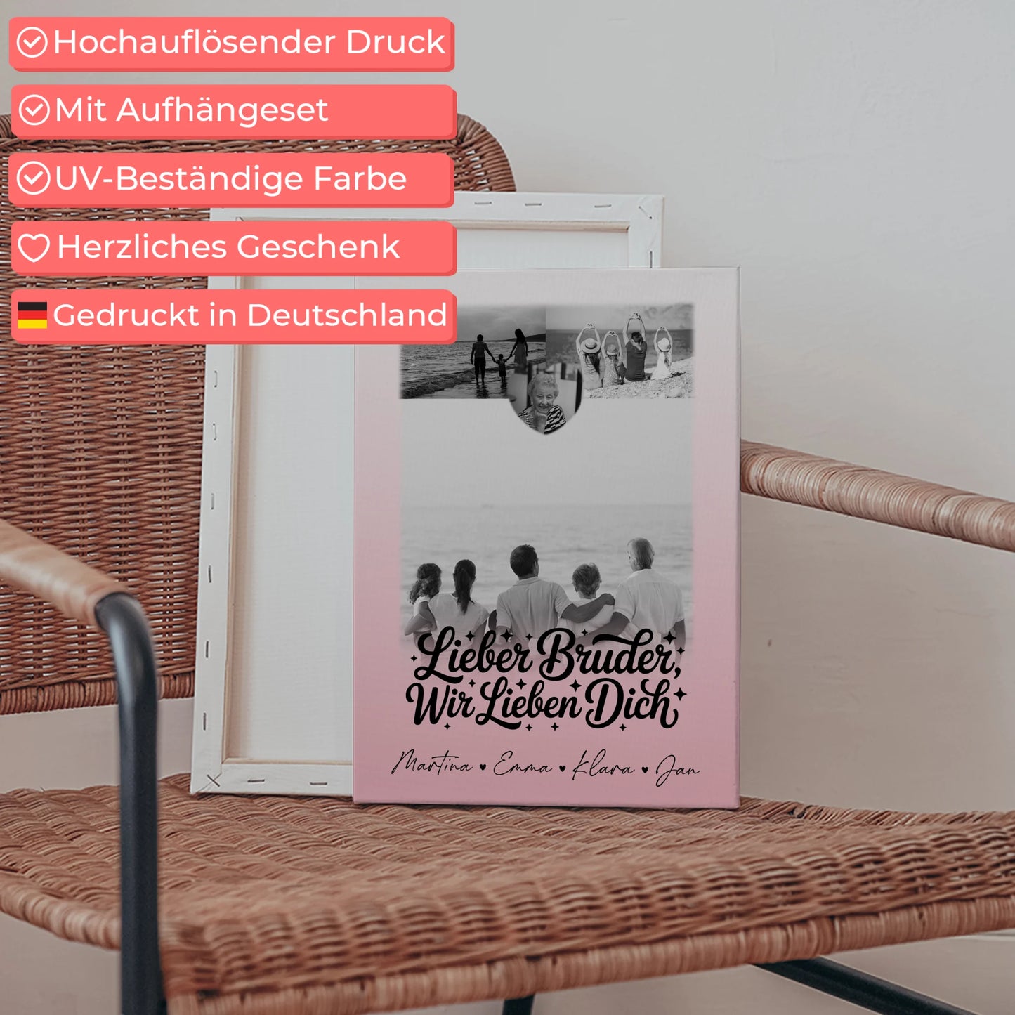 Leinwand Personalisiert mit 3 Fotos und Herz Motiv für Bruder Schwarz-Weiß 5