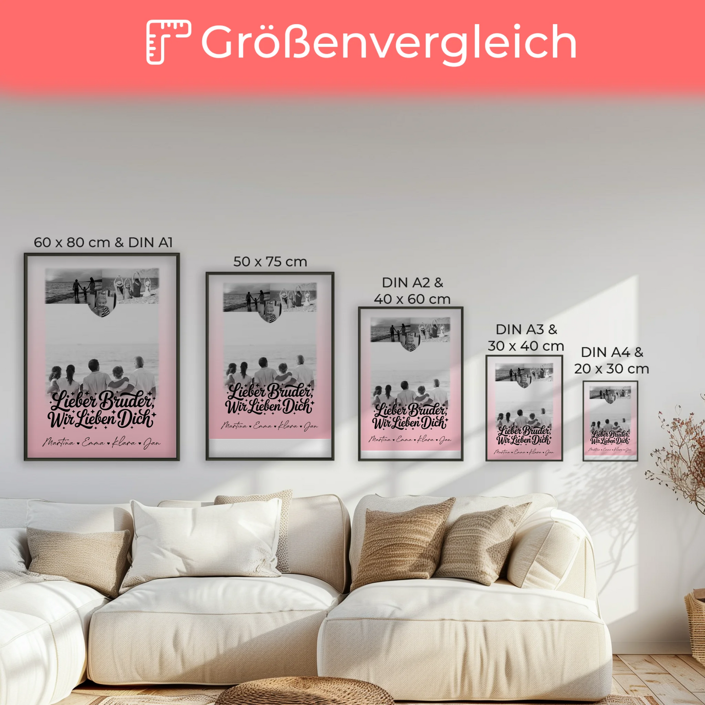 Bruder Poster Personalisiert mit 3 Fotos und Herz Schwarz-Weiß Lieber Bruder wir lieben Dich