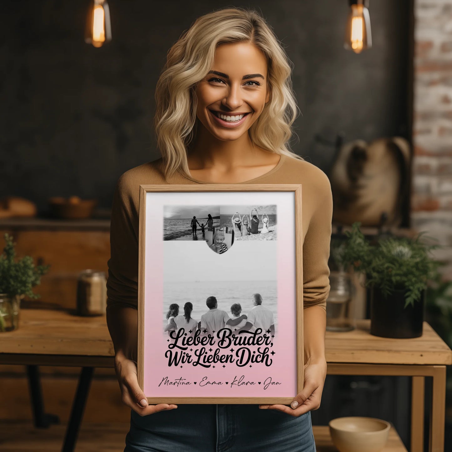 Bruder Poster Personalisiert mit 3 Fotos und Herz Schwarz-Weiß Lieber Bruder wir lieben Dich