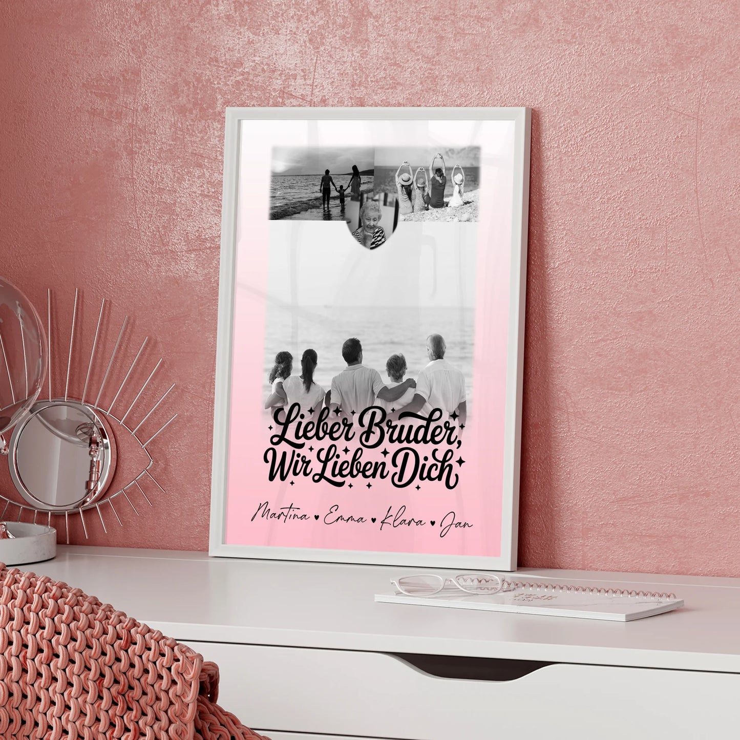 Bruder Poster Personalisiert mit 3 Fotos und Herz Schwarz-Weiß Lieber Bruder wir lieben Dich