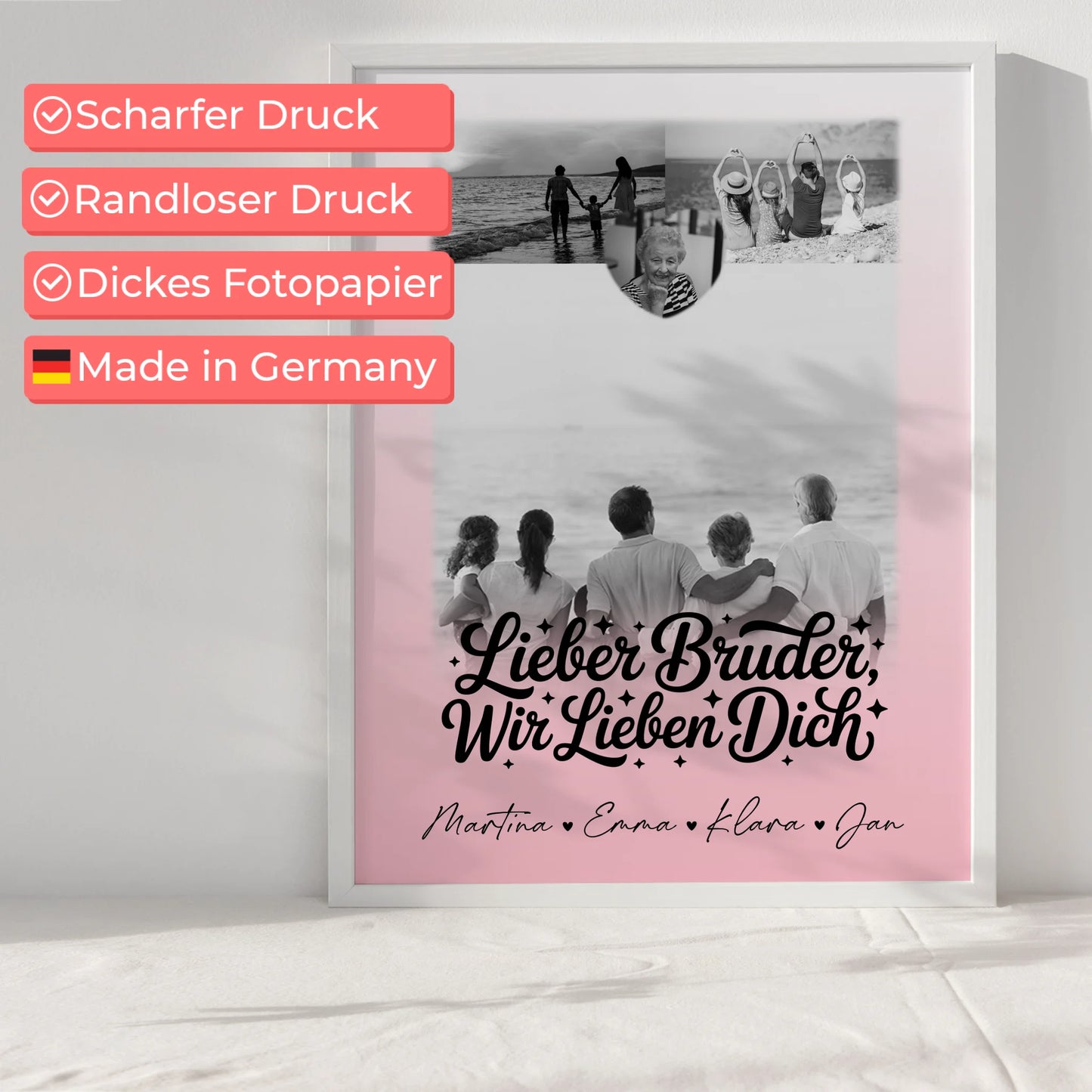 Bruder Poster Personalisiert mit 3 Fotos und Herz Schwarz-Weiß Lieber Bruder wir lieben Dich