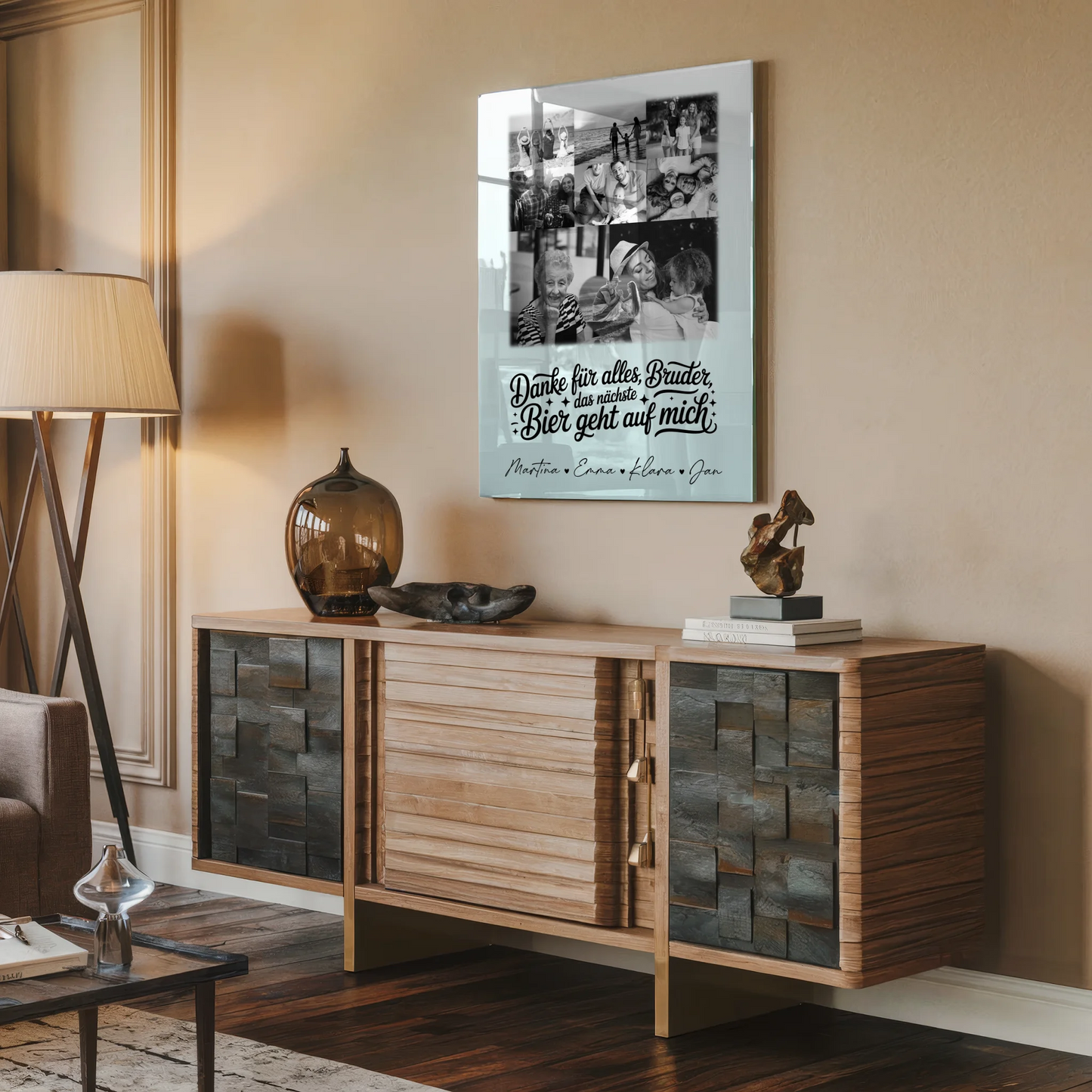 Personalisierte Acrylglas Mit Foto mit 8 Fotos und Herz Foto Danke Bruder Bier geht auf mich Schwarz-Weiß