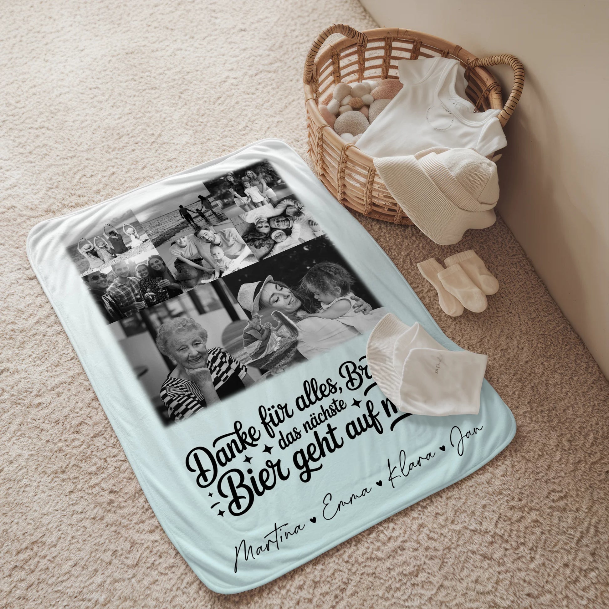 Decke Mit Namen 8 Fotos und 1 Herz Foto Danke Bruder Bier geht auf mich Schwarz-Weiß Personalisiertes Geschenk 2