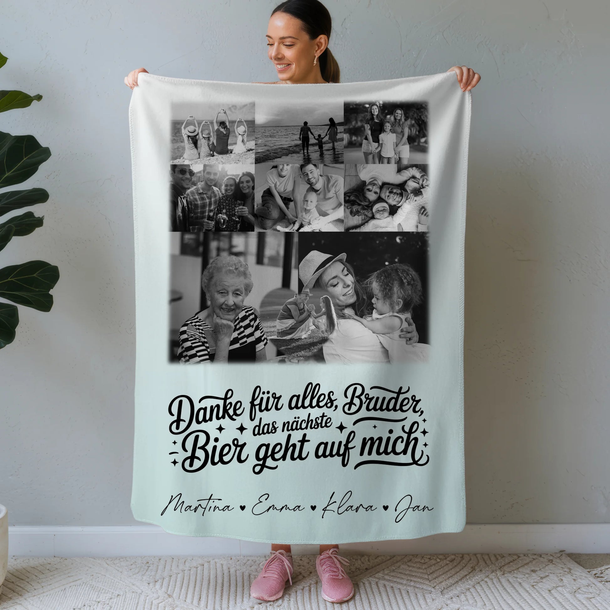 Decke Mit Namen 8 Fotos und 1 Herz Foto Danke Bruder Bier geht auf mich Schwarz-Weiß Personalisiertes Geschenk 1
